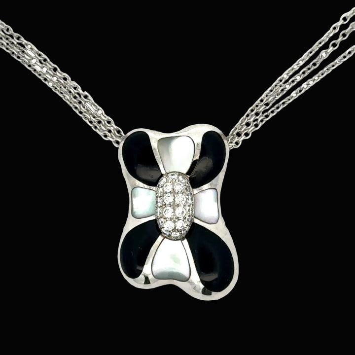 Estate Designer Asch Grossbardt Diamond, Mother of Pearl, Onyx 18Kt/14Kt White Gold Necklace