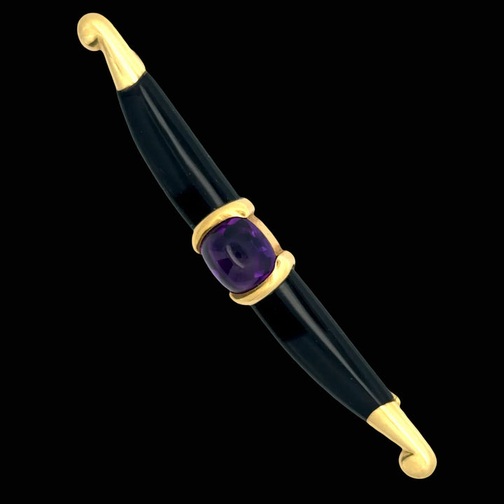Estate Designer Amethyst & Onyx 18Kt Yellow Gold Brooch