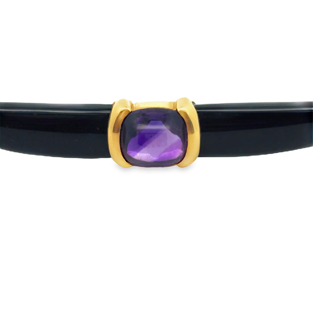 Estate Designer Amethyst & Onyx 18Kt Yellow Gold Brooch