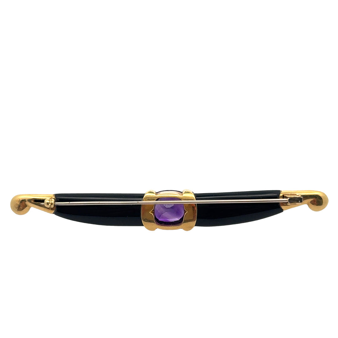 Estate Designer Amethyst & Onyx 18Kt Yellow Gold Brooch