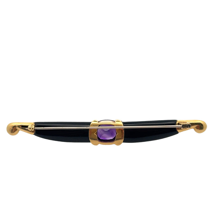 Estate Designer Amethyst & Onyx 18Kt Yellow Gold Brooch