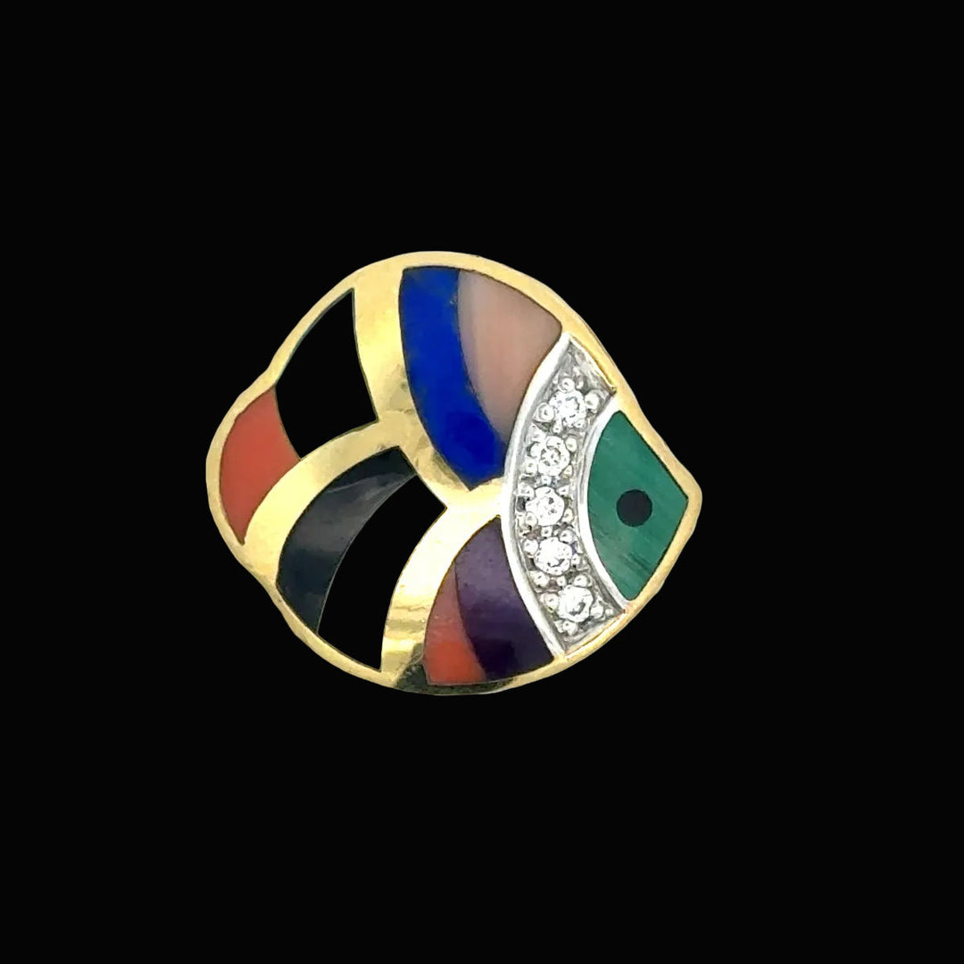 Estate Designer Asch Grossbardt Bunny Diamond, Multi Color Semi Precious Reversible 14K Yellow Gold Pendant.