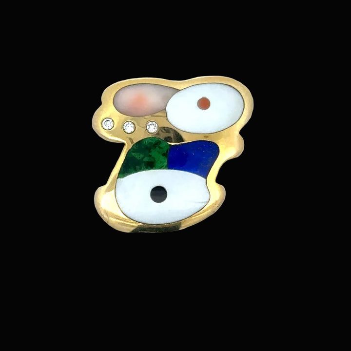 Estate Designer Asch Grossbardt Bunny Diamond & Multi Color Semi Precious 14K Yellow Gold Pendant
