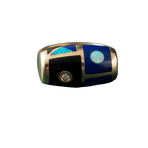 Designer Asch Grossbardt Diamond, Opal, Lapis, Onyx 14K Yellow Gold Pendant