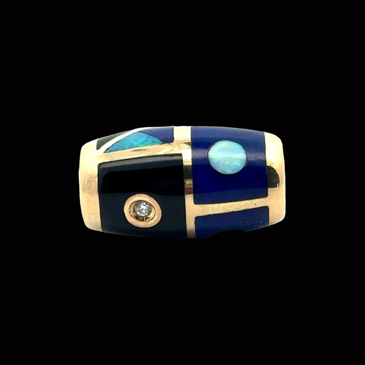 Designer Asch Grossbardt Diamond, Opal, Lapis, Onyx 14K Yellow Gold Pendant