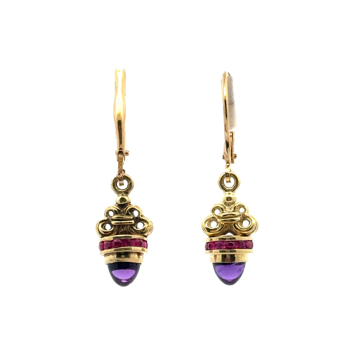 Designer Ruby & Amethyst 18Kt Yellow Gold Dangle Earrings
