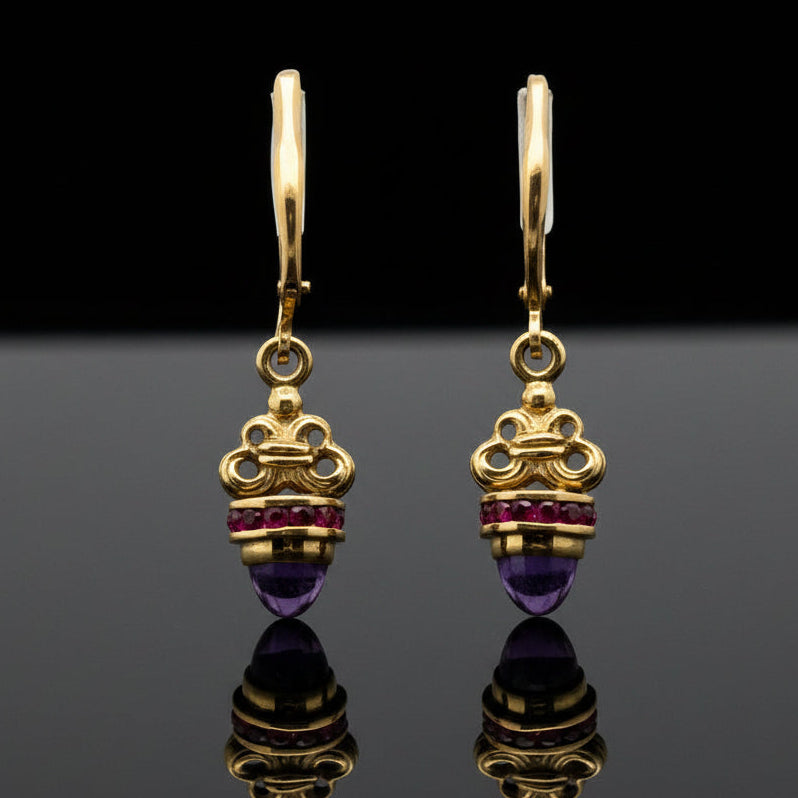 Designer Ruby & Amethyst 18Kt Yellow Gold Dangle Earrings
