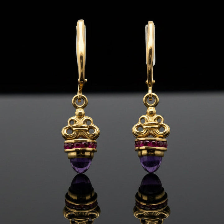 Designer Ruby & Amethyst 18Kt Yellow Gold Dangle Earrings