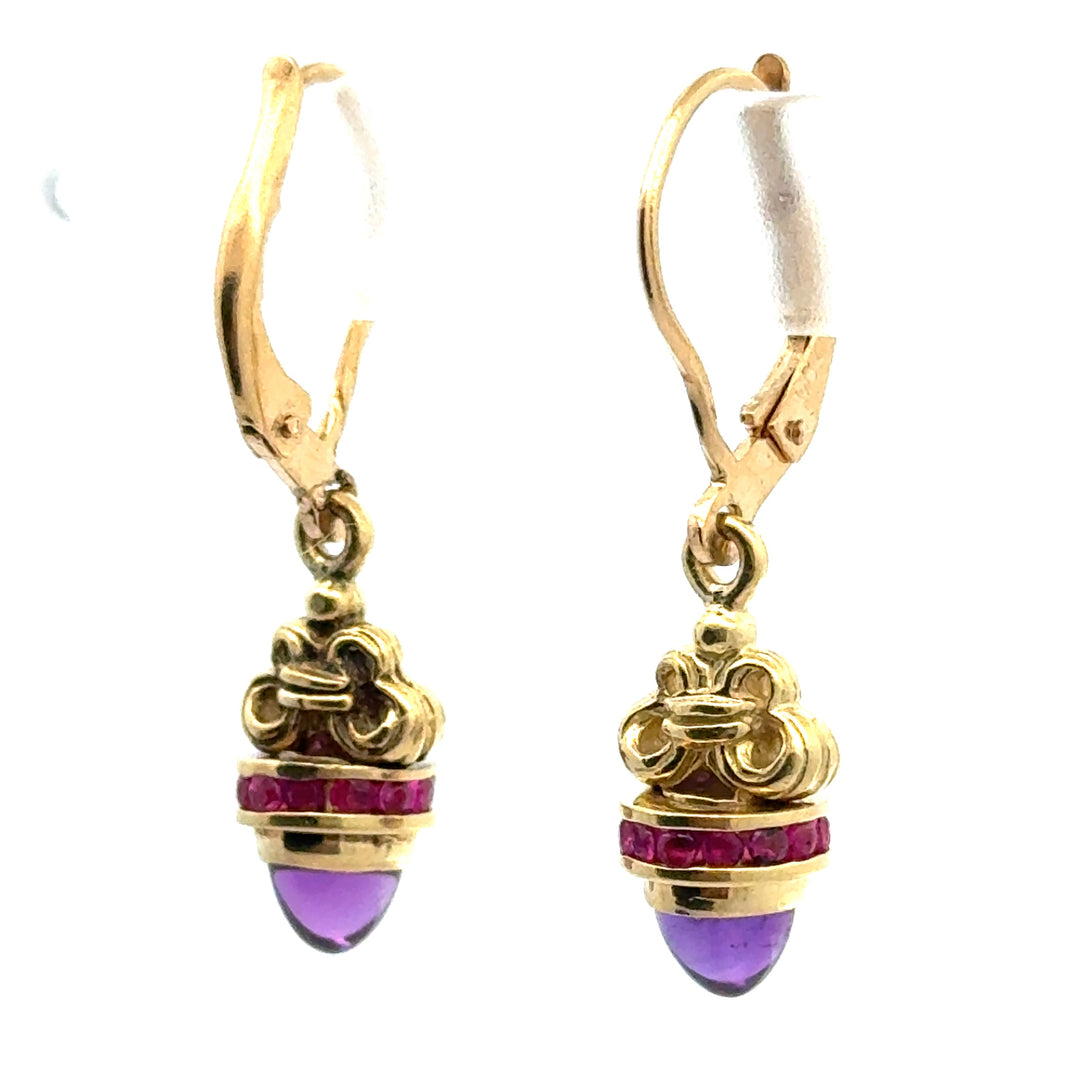Designer Ruby & Amethyst 18Kt Yellow Gold Dangle Earrings