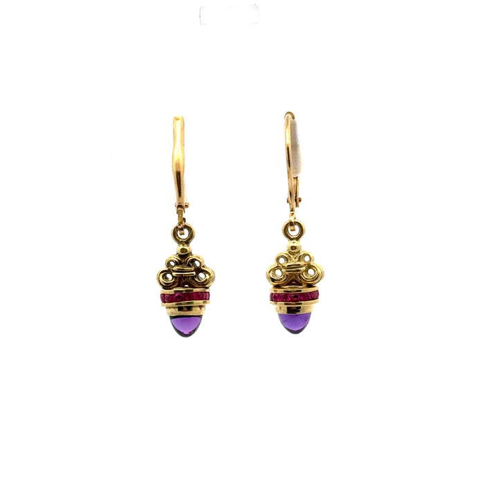 Designer Ruby & Amethyst 18Kt Yellow Gold Dangle Earrings
