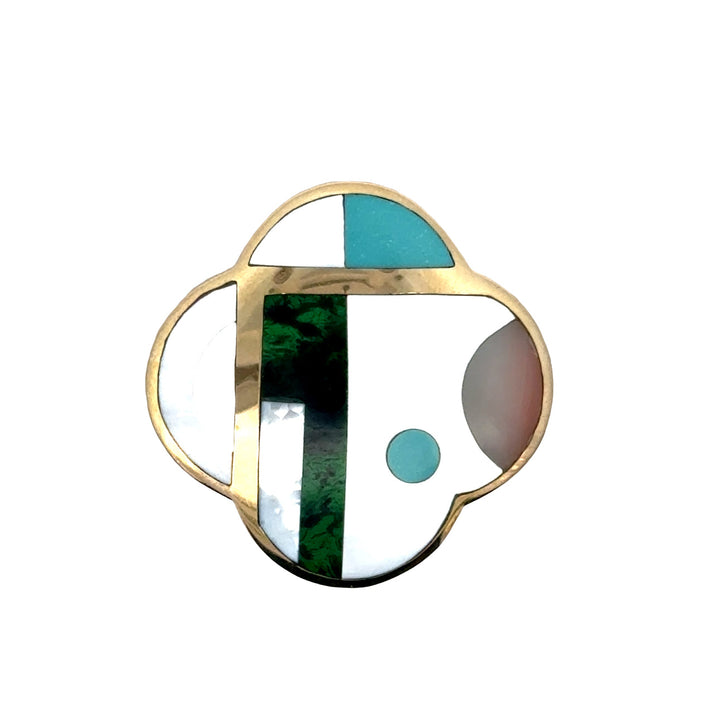 Designer Asch Grossbardt Mother of pearl, Turquoise, Malachite, Diamond, Onyx, Coral 14K Yellow Gold Pendant