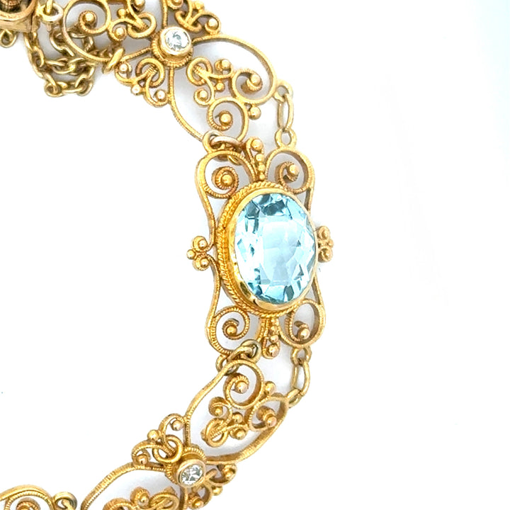 Estate 8.00cttw Aquamarine and Diamond 18K Yellow Gold Filigree Bracelet