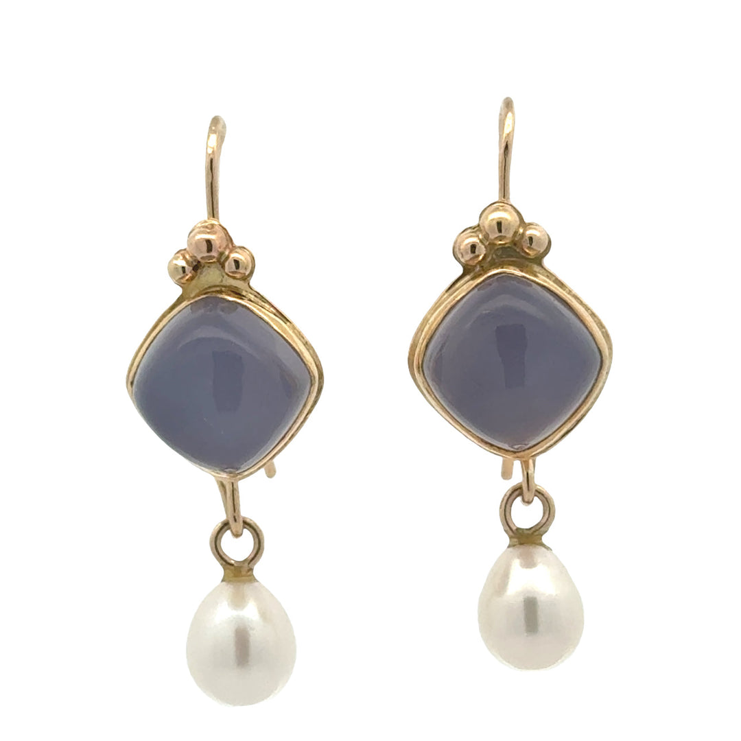Estate Designer Mazza Chalcedony and Pearl 14Kt/18Kt Yellow Gold Drop Earring