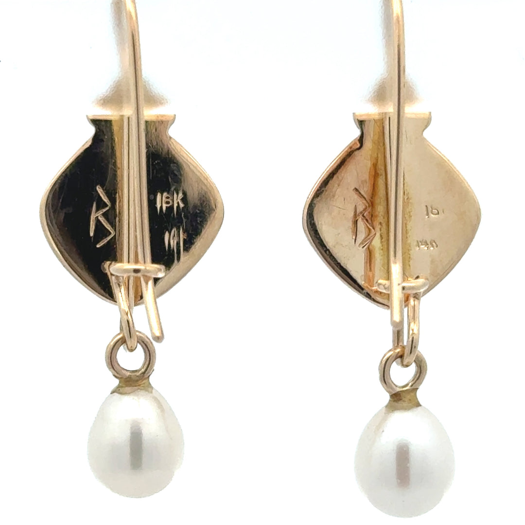 Estate Designer Mazza Chalcedony and Pearl 14Kt/18Kt Yellow Gold Drop Earring