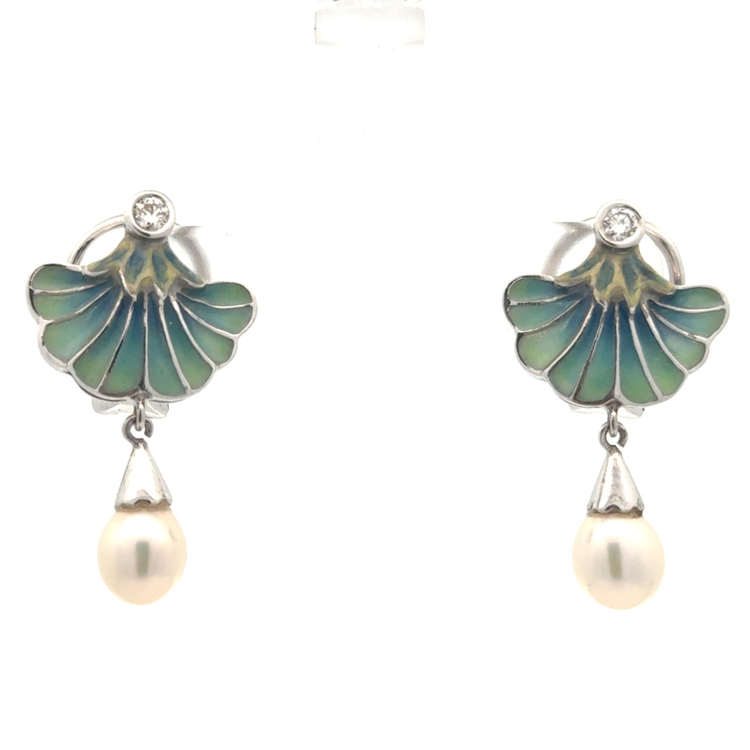 Estate Nouveau 1910 Company Diamond Plique A Jour Blue Enamel & Pearl 18K White Gold Earring Limited Edition #28/48