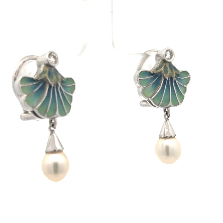 Estate Nouveau 1910 Company Diamond Plique A Jour Blue Enamel & Pearl 18K White Gold Earring Limited Edition #28/48