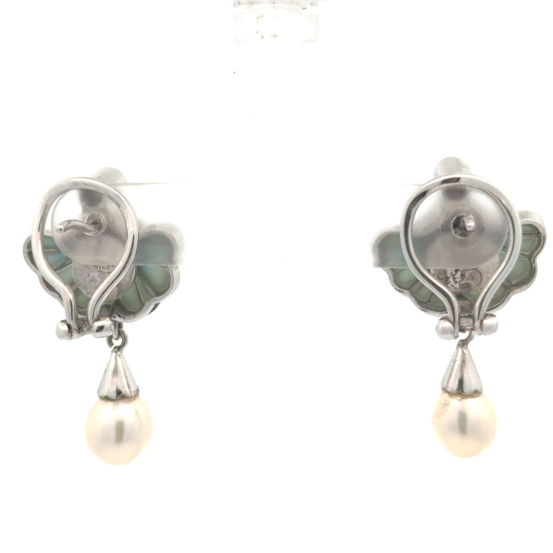 Estate Nouveau 1910 Company Diamond Plique A Jour Blue Enamel & Pearl 18K White Gold Earring Limited Edition #28/48