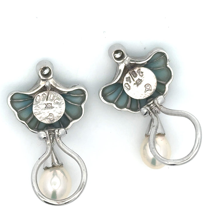 Estate Nouveau 1910 Company Diamond Plique A Jour Blue Enamel & Pearl 18K White Gold Earring Limited Edition #28/48