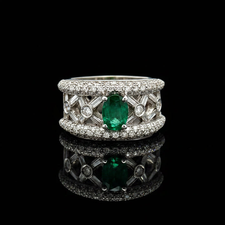 Vintage Fine Emerald & Diamond 18K White Gold Ring