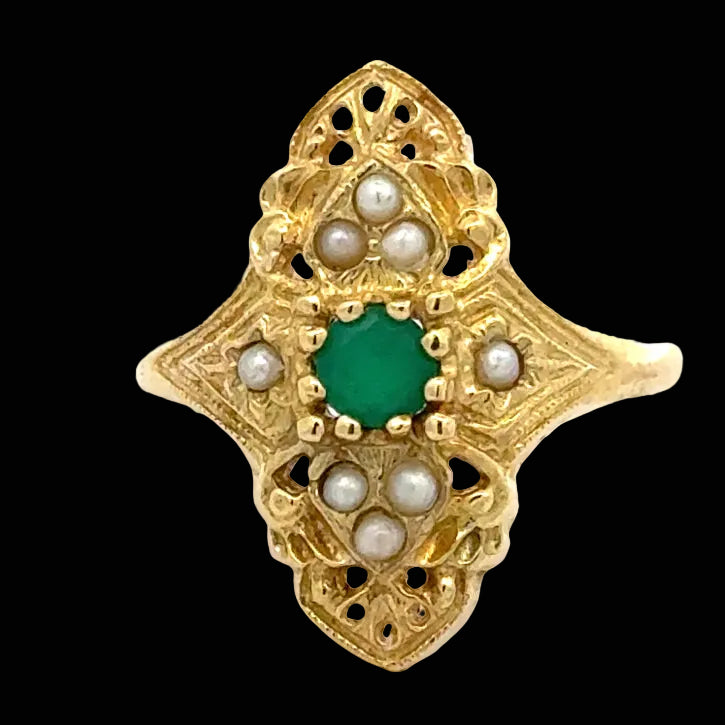 Vintage Emerald & Pearl 18K Yellow Gold Ring