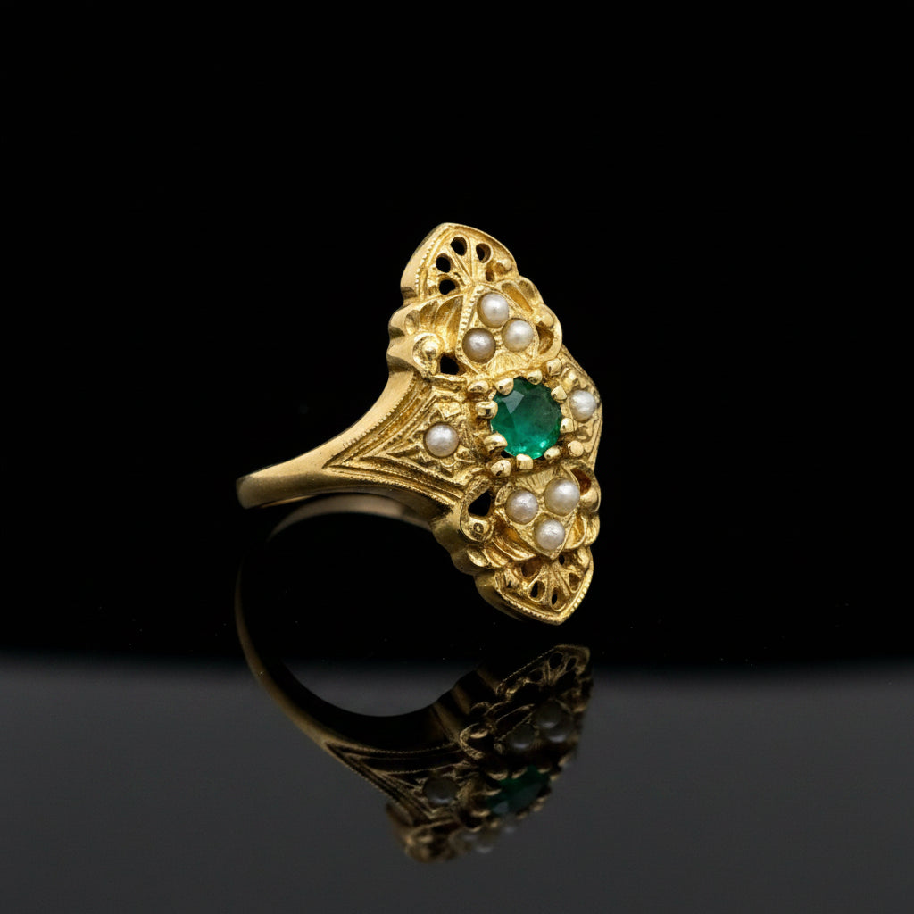 Vintage Emerald & Pearl 18K Yellow Gold Ring