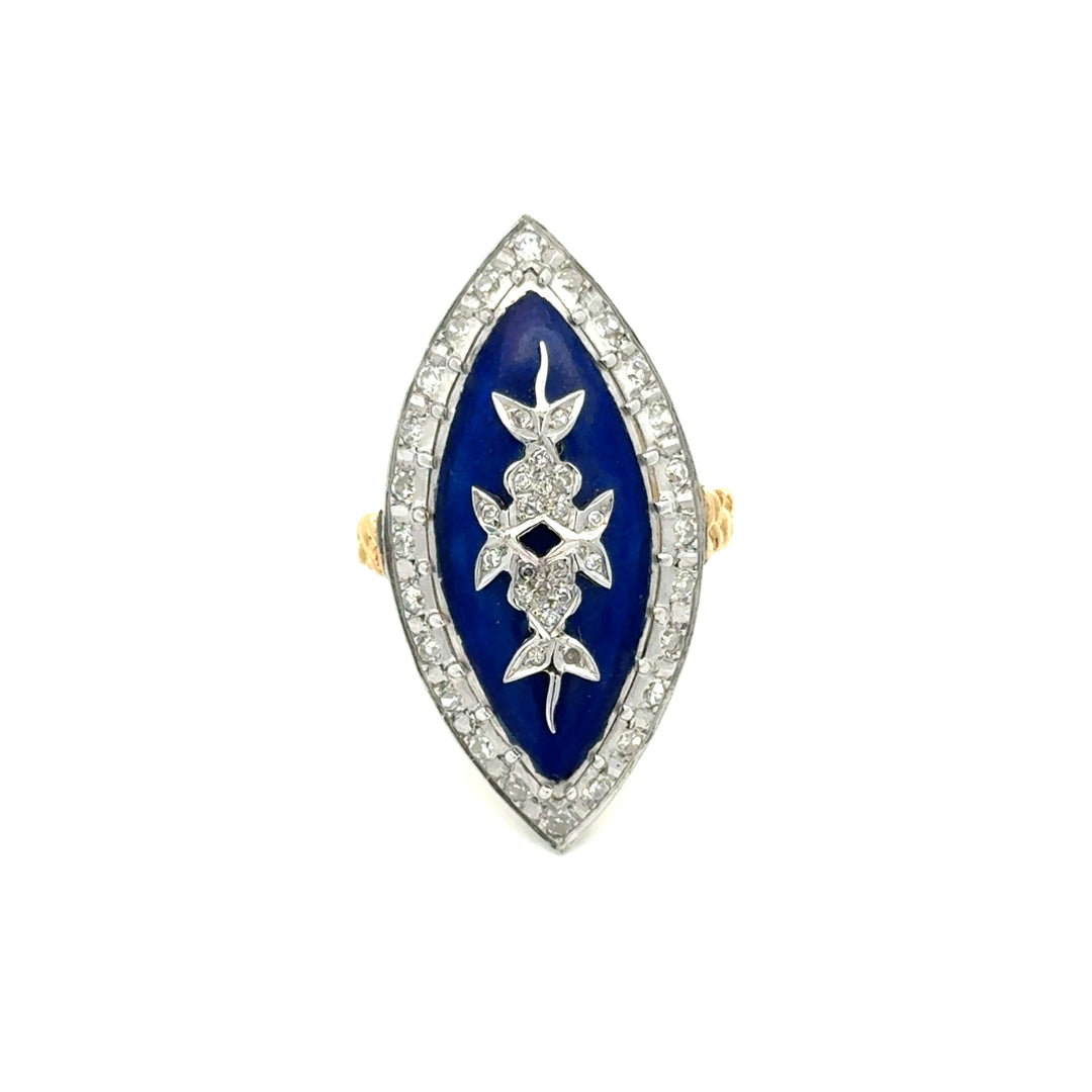 Vintage Diamond & Blue Enamel 18K White & Yellow Ring