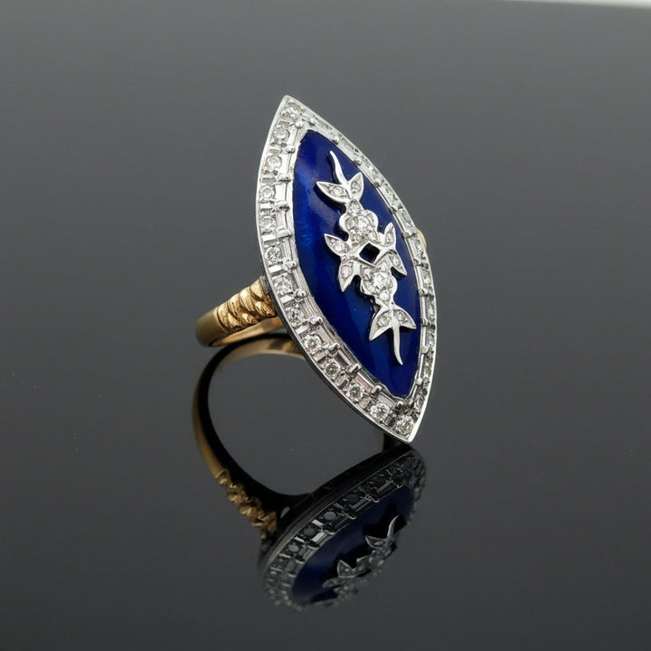 Vintage Diamond & Blue Enamel 18K White & Yellow Ring