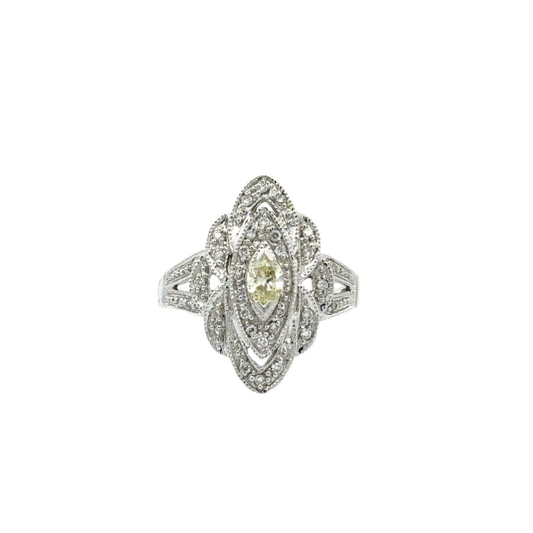 Vintage Filigree White & Yellow Diamond 14k White Gold Ring