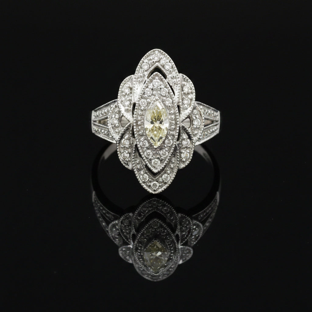 Vintage Filigree White & Yellow Diamond 14k White Gold Ring
