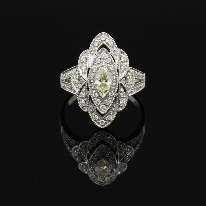 Vintage Filigree White & Yellow Diamond 14k White Gold Ring