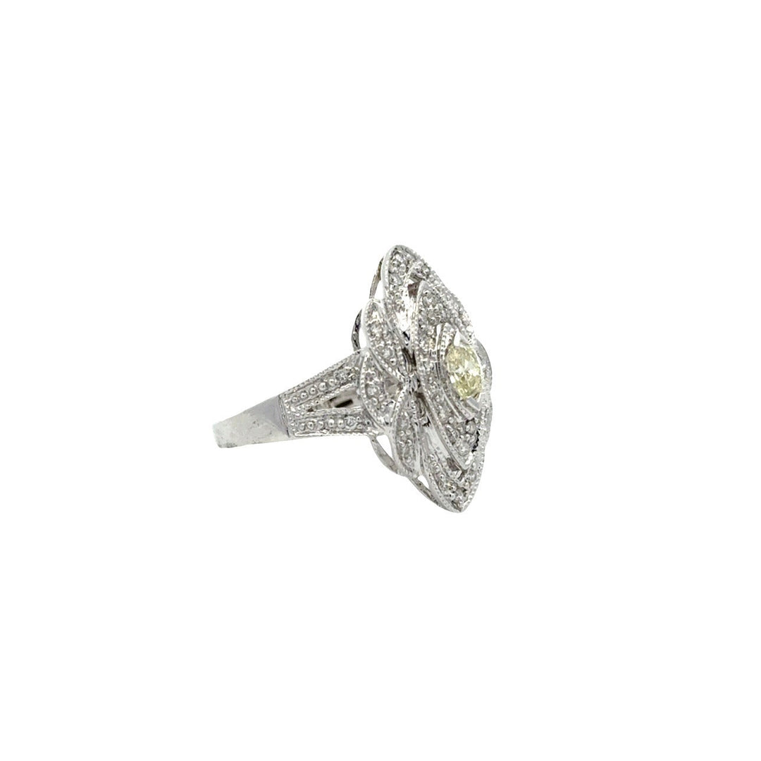 Vintage Filigree White & Yellow Diamond 14k White Gold Ring