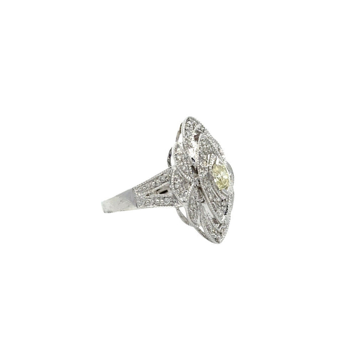 Vintage Filigree White & Yellow Diamond 14k White Gold Ring
