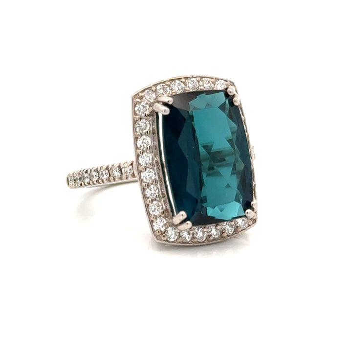 Vintage Fine Indicolite Tourmaline & Diamond White Gold Ring