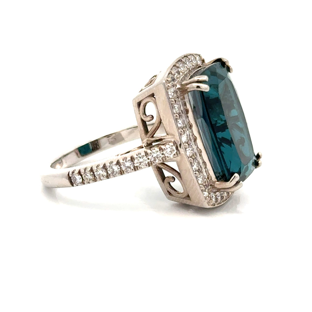 Vintage Fine Indicolite Tourmaline & Diamond White Gold Ring