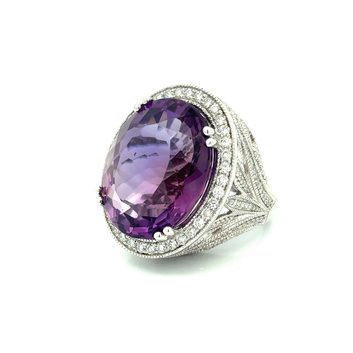 Vintage Diamond & Amethsyt 14K White Gold Ring