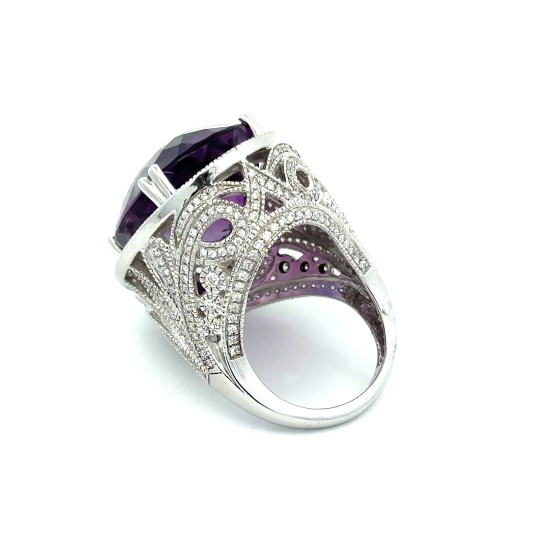 Vintage Diamond & Amethsyt 14K White Gold Ring