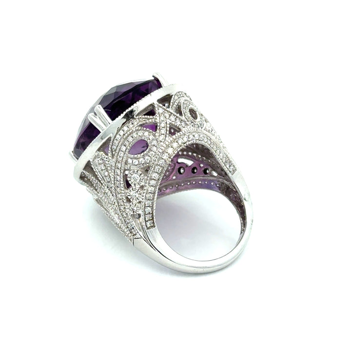 Vintage Diamond & Amethsyt 14K White Gold Ring
