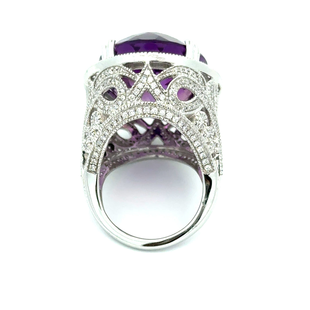 Vintage Diamond & Amethsyt 14K White Gold Ring