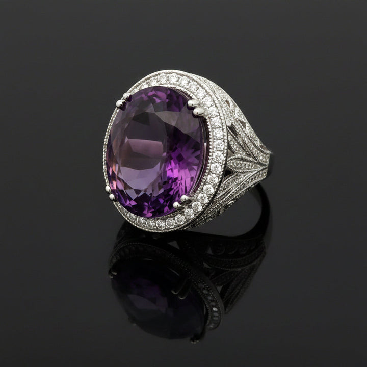 Vintage Diamond & Amethsyt 14K White Gold Ring