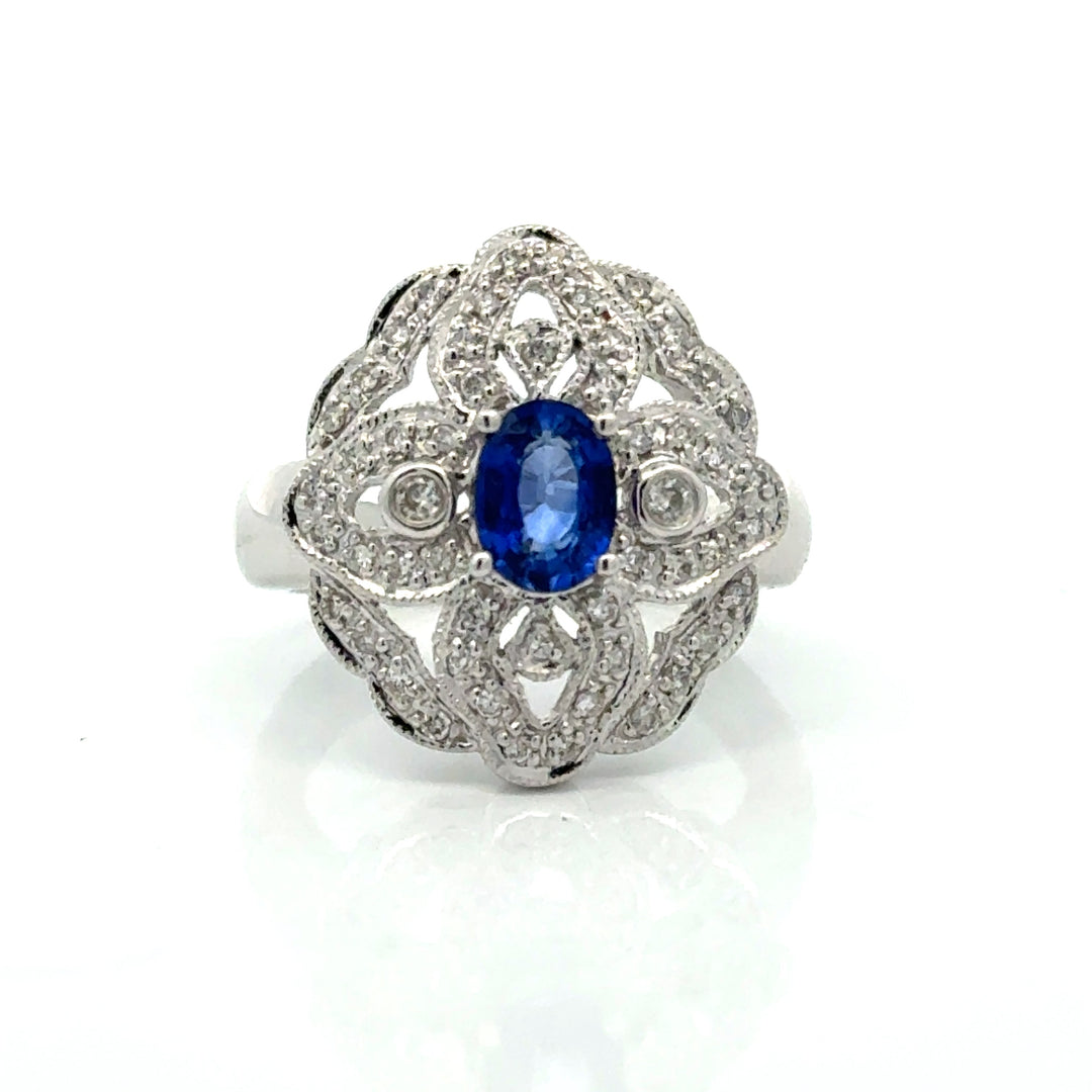 Vintage Fine Sapphire & Diamond 14K White Gold Ring