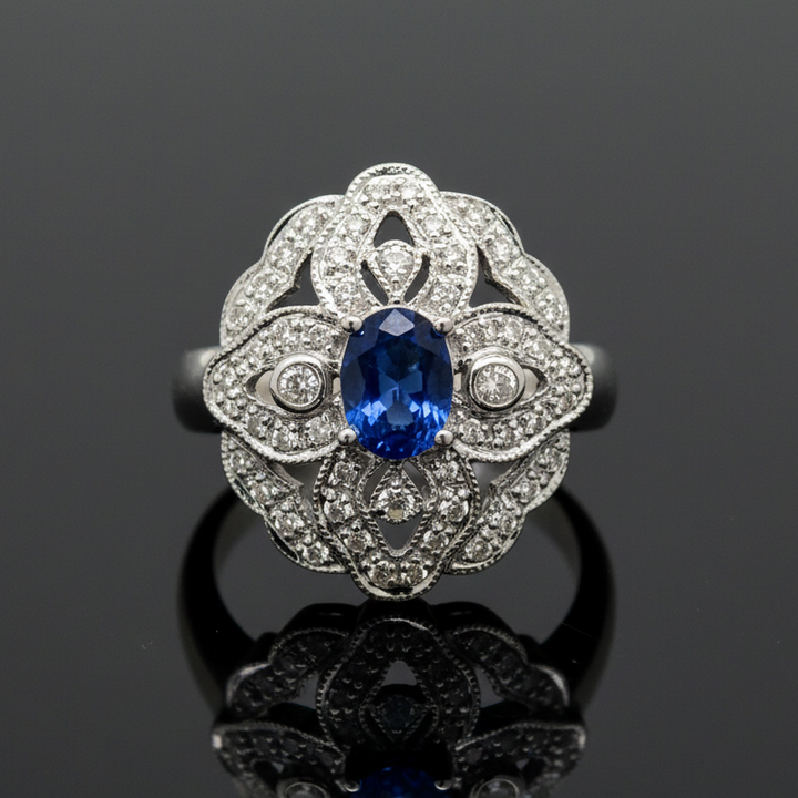 Vintage Fine Sapphire & Diamond 14K White Gold Ring