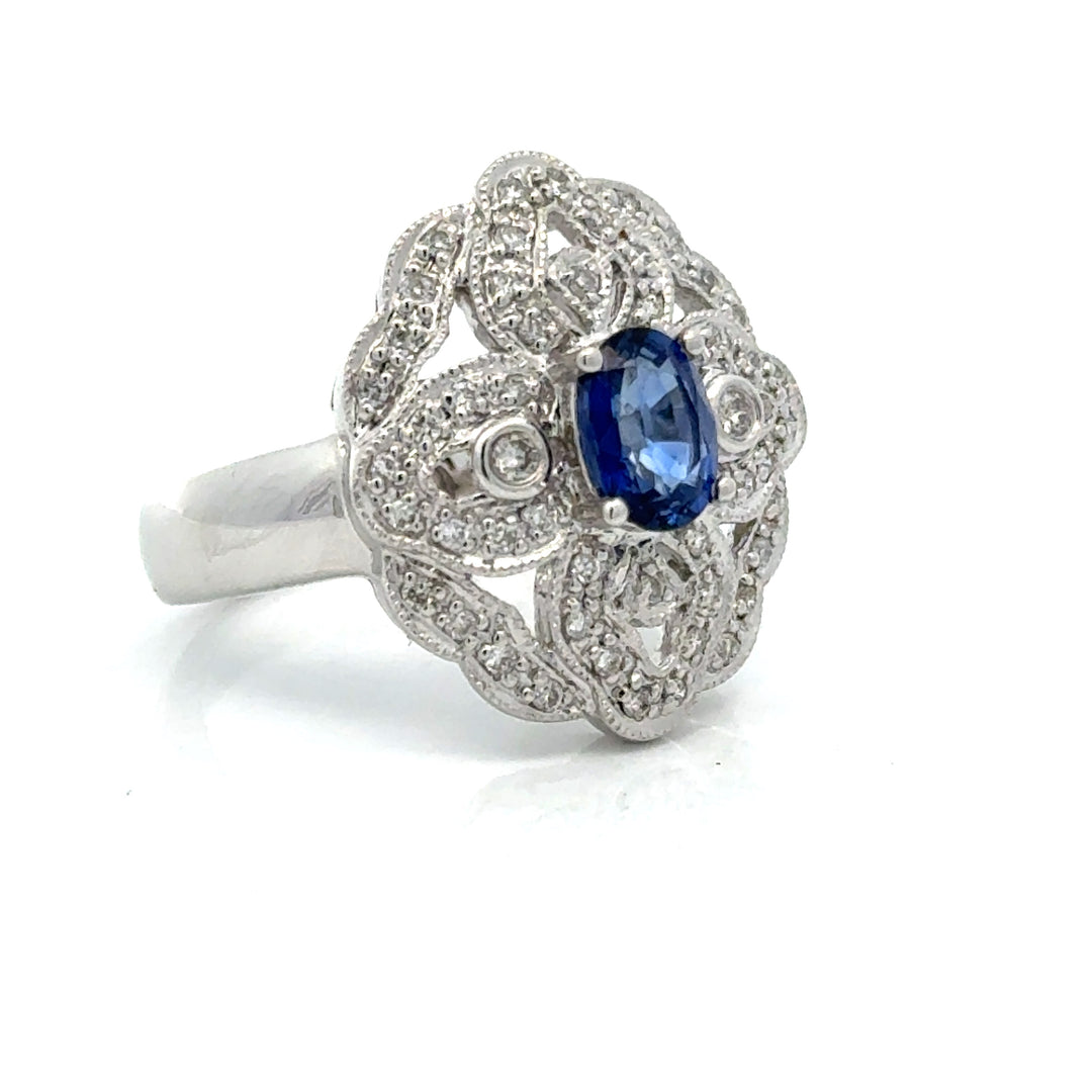 Vintage Fine Sapphire & Diamond 14K White Gold Ring