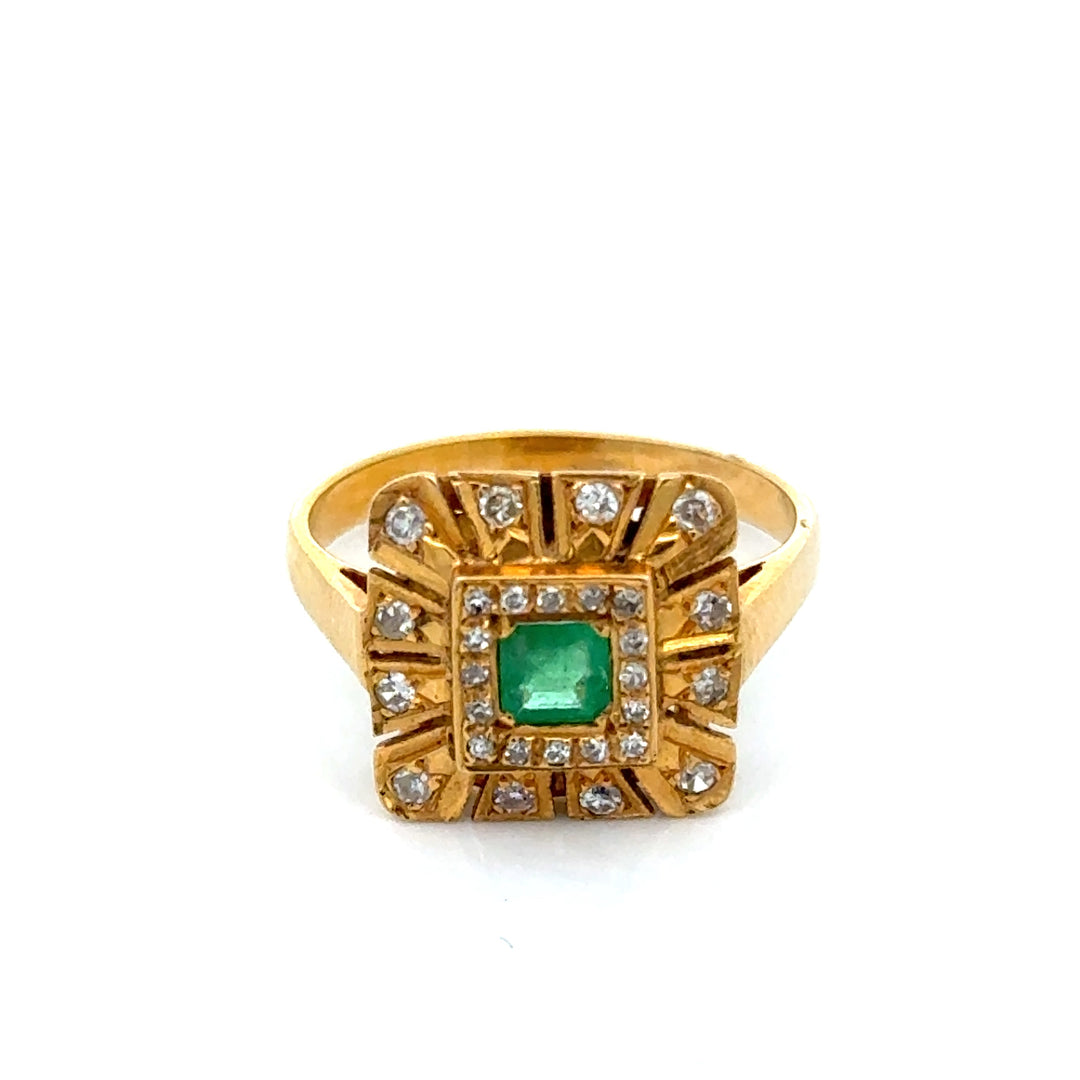 Vintage Emerald & Diamond 14K Yellow Gold Ring