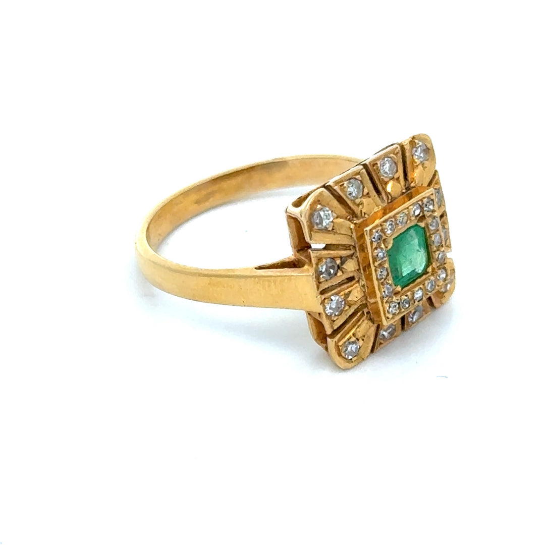 Vintage Emerald & Diamond 14K Yellow Gold Ring
