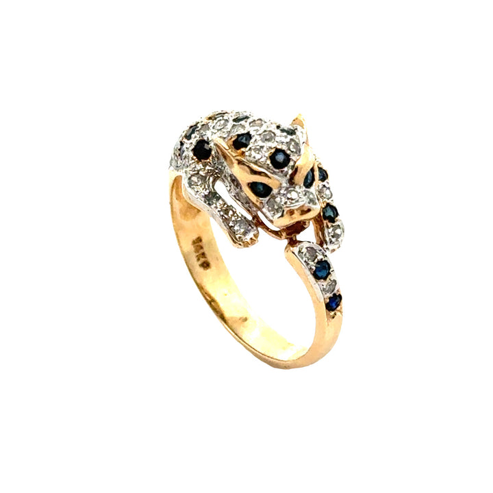 Vintage Sapphire & Diamond Panther 14K White & Yellow Gold Ring