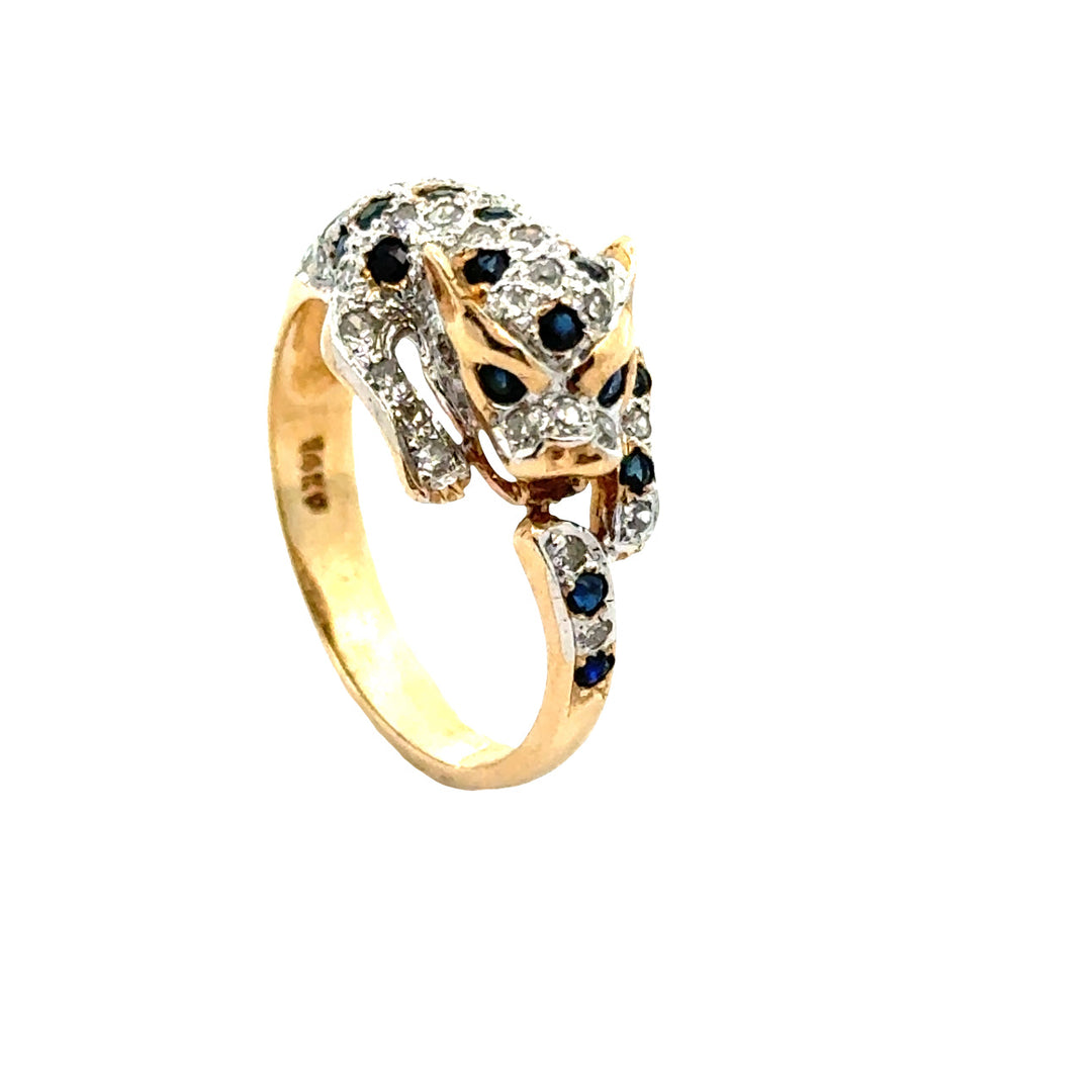 Vintage Sapphire & Diamond Panther 14K White & Yellow Gold Ring