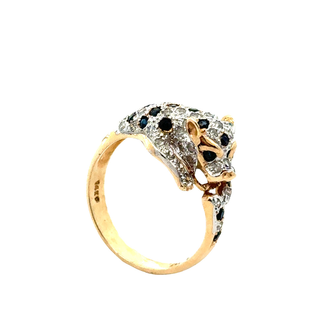 Vintage Sapphire & Diamond Panther 14K White & Yellow Gold Ring