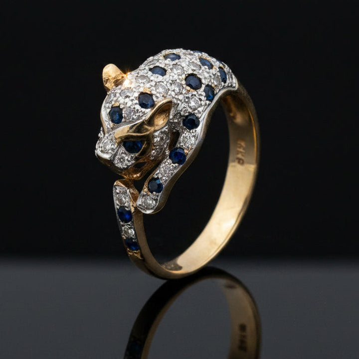 Vintage Sapphire & Diamond Panther 14K White & Yellow Gold Ring