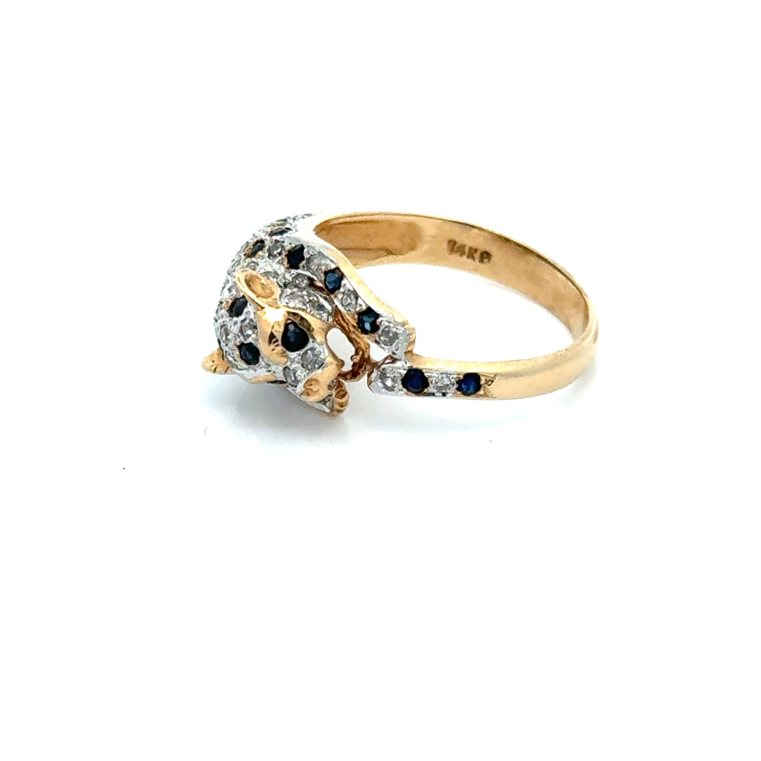 Vintage Sapphire & Diamond Panther 14K White & Yellow Gold Ring