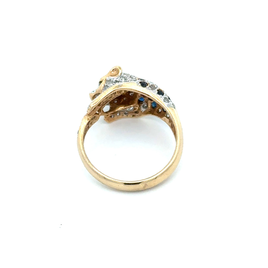Vintage Sapphire & Diamond Panther 14K White & Yellow Gold Ring